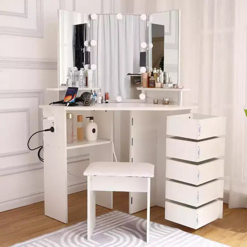 Coiffeuse d'angle Acekool avec miroir, 5 tiroirs pivotants, prises électriques, éclairage réglable, étagères et tabouret pour chambre à coucher, table de maquillage