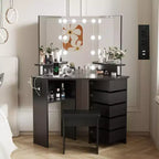 Coiffeuse d'angle Acekool avec miroir, 5 tiroirs pivotants, prises électriques, éclairage réglable, étagères et tabouret pour chambre à coucher, table de maquillage