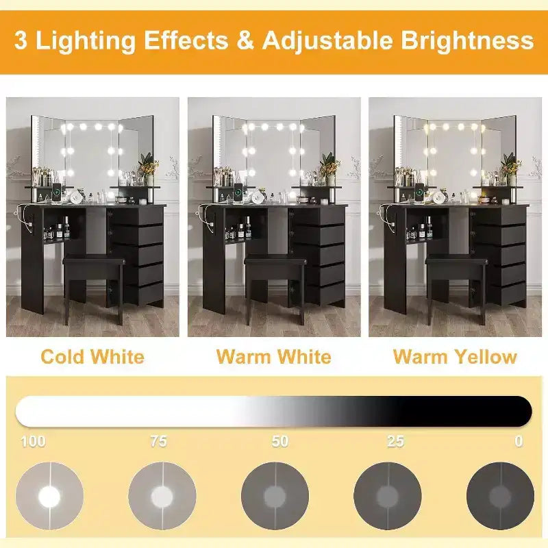 Coiffeuse d'angle Acekool avec miroir, 5 tiroirs pivotants, prises électriques, éclairage réglable, étagères et tabouret pour chambre à coucher, table de maquillage