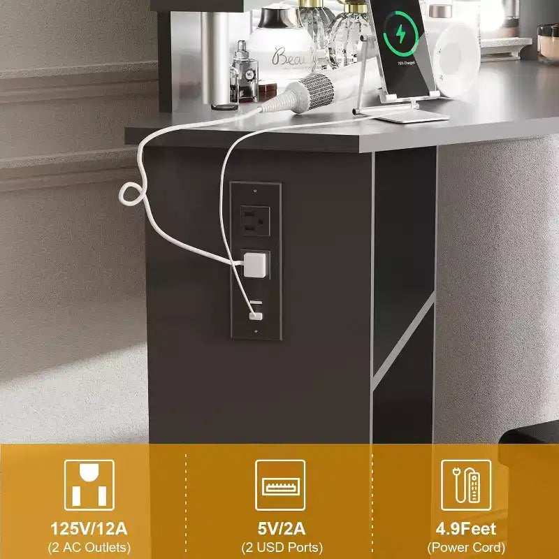 Coiffeuse d'angle Acekool avec miroir, 5 tiroirs pivotants, prises électriques, éclairage réglable, étagères et tabouret pour chambre à coucher, table de maquillage