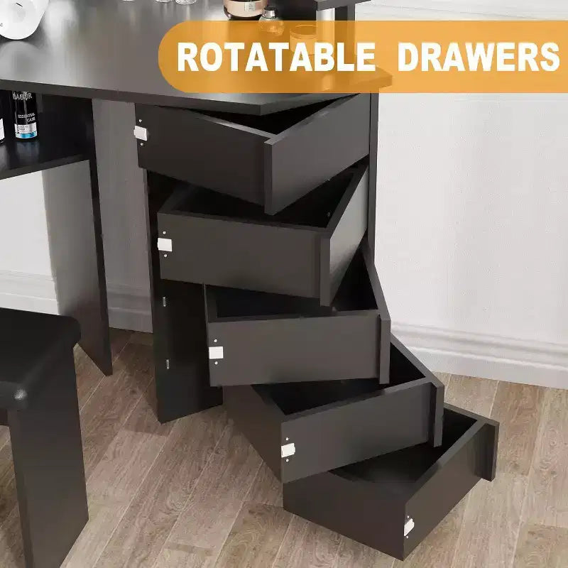 Coiffeuse d'angle Acekool avec miroir, 5 tiroirs pivotants, prises électriques, éclairage réglable, étagères et tabouret pour chambre à coucher, table de maquillage
