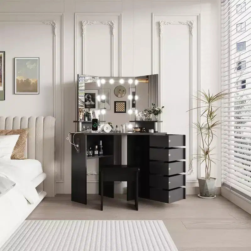 Coiffeuse d'angle Acekool avec miroir, 5 tiroirs pivotants, prises électriques, éclairage réglable, étagères et tabouret pour chambre à coucher, table de maquillage