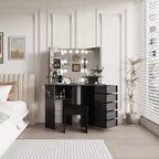 Coiffeuse d'angle Acekool avec miroir, 5 tiroirs pivotants, prises électriques, éclairage réglable, étagères et tabouret pour chambre à coucher, table de maquillage