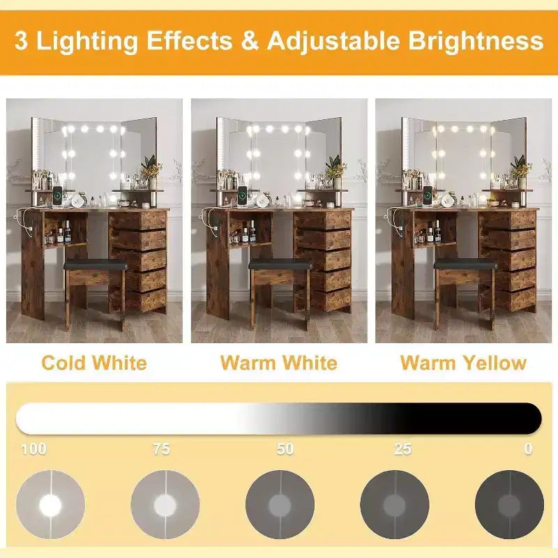 Coiffeuse d'angle Acekool avec miroir, 5 tiroirs pivotants, prises électriques, éclairage réglable, étagères et tabouret pour chambre à coucher, table de maquillage