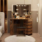 Coiffeuse d'angle Acekool avec miroir, 5 tiroirs pivotants, prises électriques, éclairage réglable, étagères et tabouret pour chambre à coucher, table de maquillage
