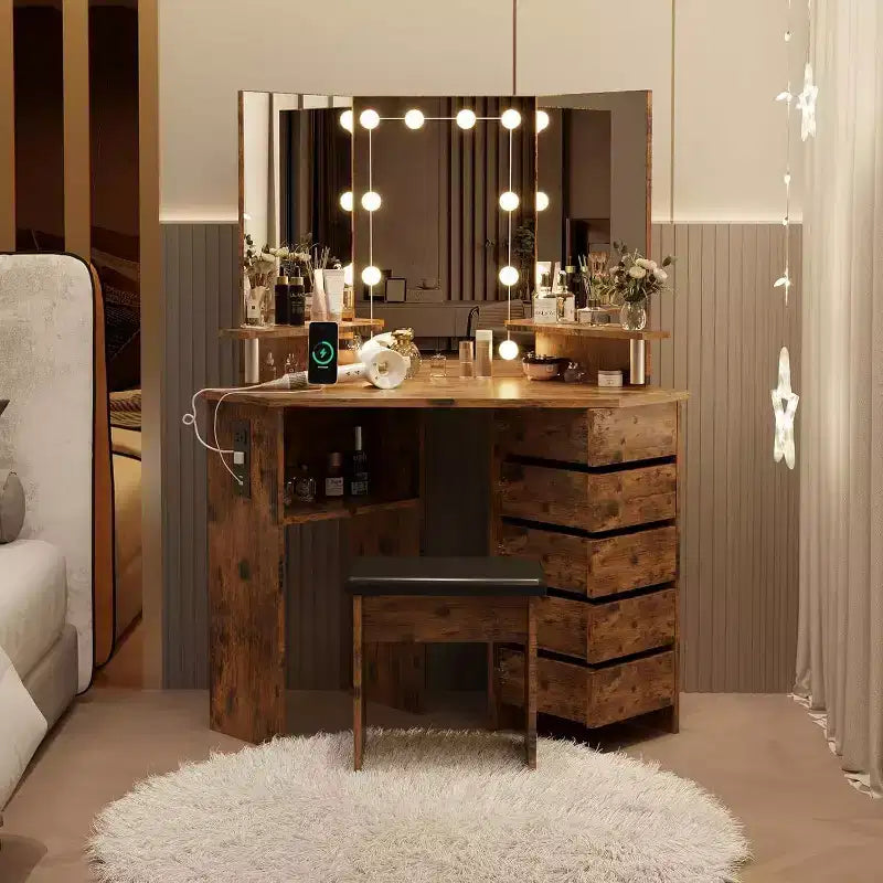 Coiffeuse d'angle Acekool avec miroir, 5 tiroirs pivotants, prises électriques, éclairage réglable, étagères et tabouret pour chambre à coucher, table de maquillage