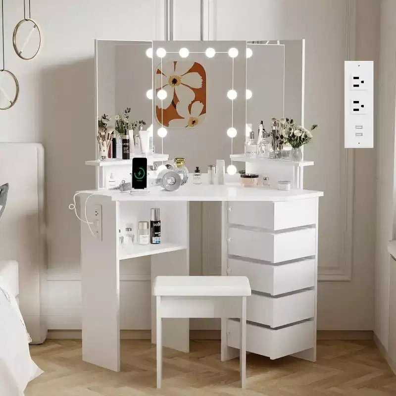 Coiffeuse d'angle Acekool avec miroir, 5 tiroirs pivotants, prises électriques, éclairage réglable, étagères et tabouret pour chambre à coucher, table de maquillage