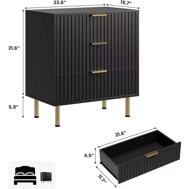 Commode Acekool à 3 tiroirs, table de chevet moderne cannelée avec tiroirs profonds, pieds dorés, meuble de rangement d'appoint pour chambre à coucher, salon, couloir