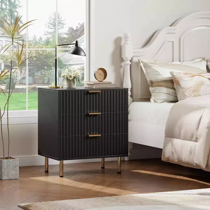 Commode Acekool à 3 tiroirs, table de chevet moderne cannelée avec tiroirs profonds, pieds dorés, meuble de rangement d'appoint pour chambre à coucher, salon, couloir