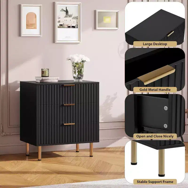 Commode Acekool à 3 tiroirs, table de chevet moderne cannelée avec tiroirs profonds, pieds dorés, meuble de rangement d'appoint pour chambre à coucher, salon, couloir