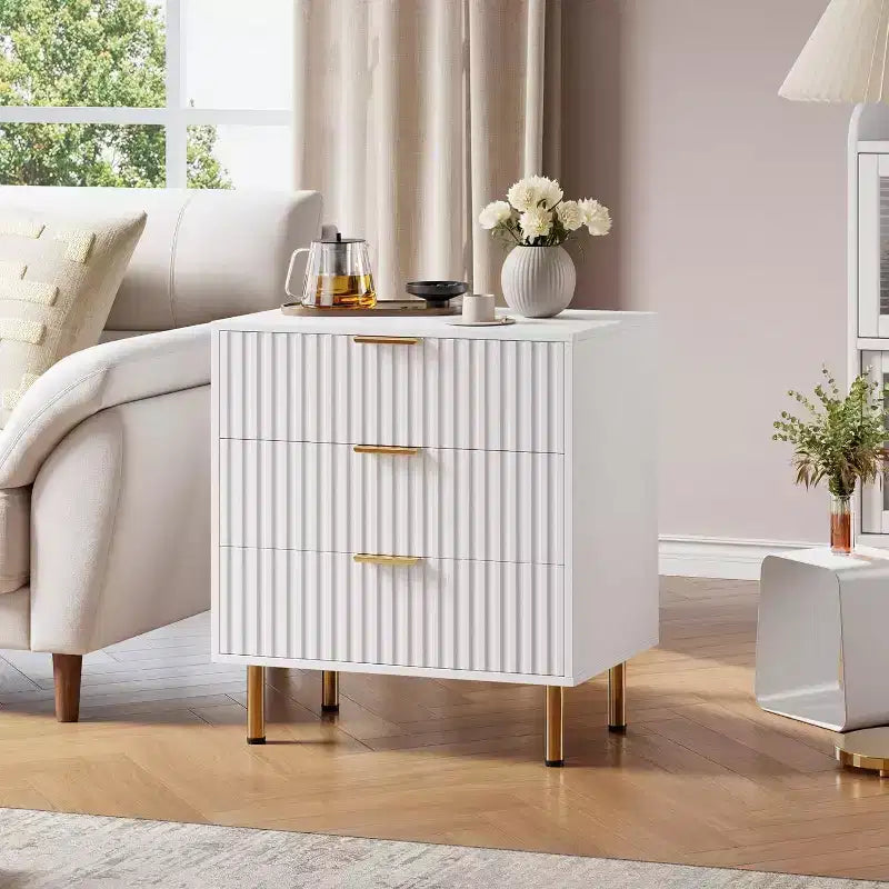 Commode Acekool à 3 tiroirs, table de chevet moderne cannelée avec tiroirs profonds, pieds dorés, meuble de rangement d'appoint pour chambre à coucher, salon, couloir