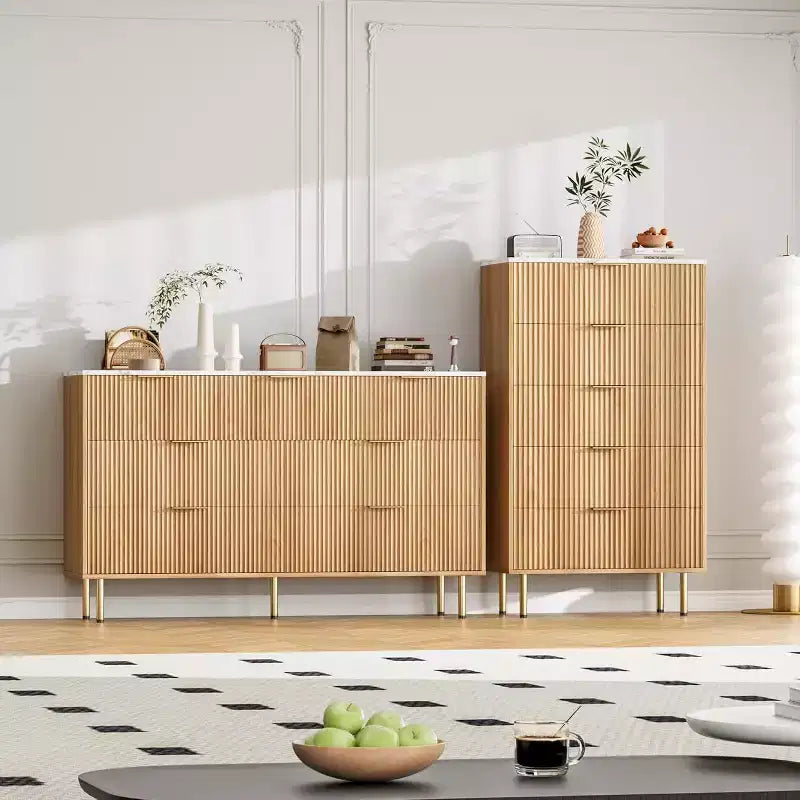 Acekool Commode à 5 Tiroirs, Grande Commode Moderne avec Panneaux Cannelés, Larges Poignées Dorées, Organisateur de Rangement de Chambre pour Placard, Salon, Entrée