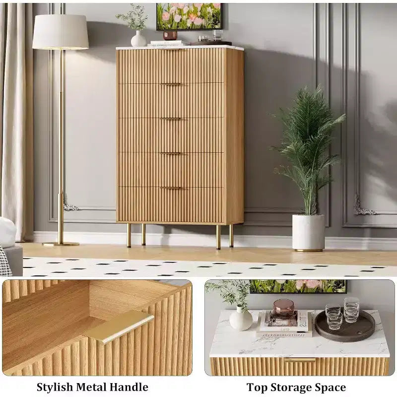 Acekool Commode à 5 Tiroirs, Grande Commode Moderne avec Panneaux Cannelés, Larges Poignées Dorées, Organisateur de Rangement de Chambre pour Placard, Salon, Entrée