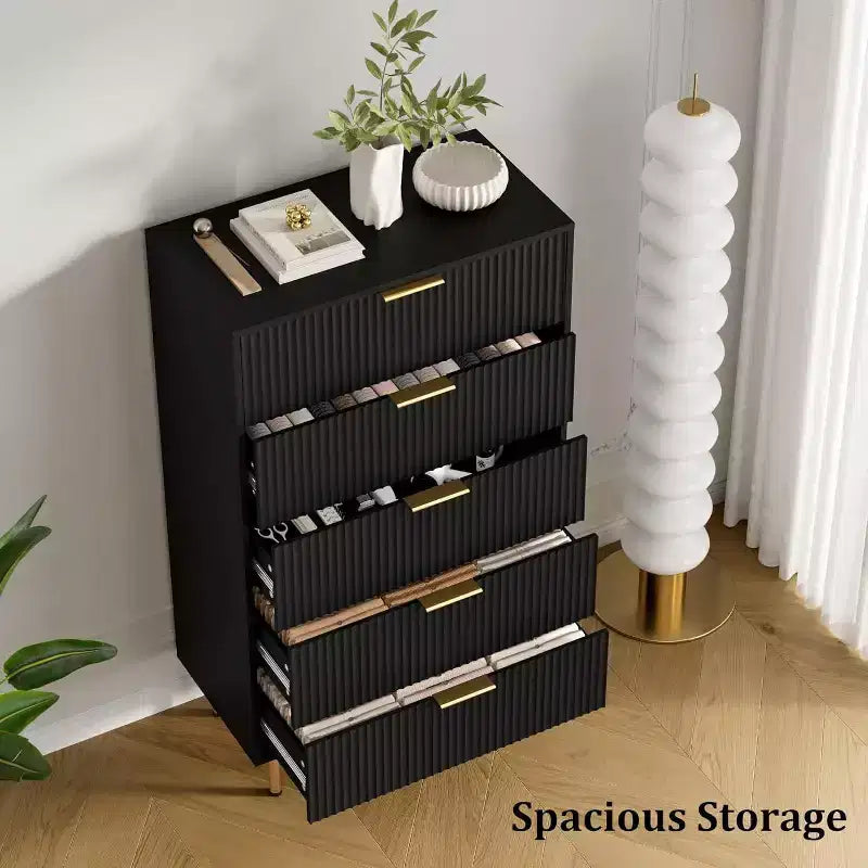 Acekool Commode à 5 Tiroirs, Grande Commode Moderne avec Panneaux Cannelés, Larges Poignées Dorées, Organisateur de Rangement de Chambre pour Placard, Salon, Entrée