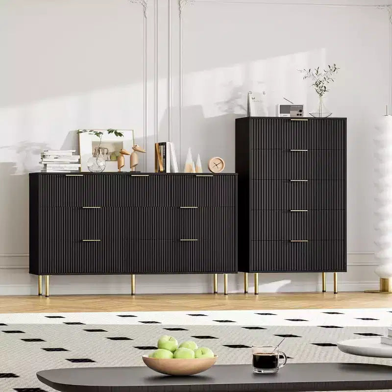 Acekool Commode à 5 Tiroirs, Grande Commode Moderne avec Panneaux Cannelés, Larges Poignées Dorées, Organisateur de Rangement de Chambre pour Placard, Salon, Entrée