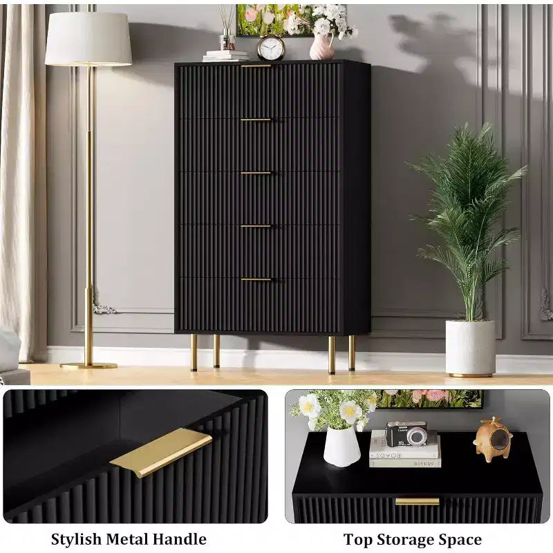 Acekool Commode à 5 Tiroirs, Grande Commode Moderne avec Panneaux Cannelés, Larges Poignées Dorées, Organisateur de Rangement de Chambre pour Placard, Salon, Entrée