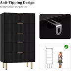 Acekool Commode à 5 Tiroirs, Grande Commode Moderne avec Panneaux Cannelés, Larges Poignées Dorées, Organisateur de Rangement de Chambre pour Placard, Salon, Entrée