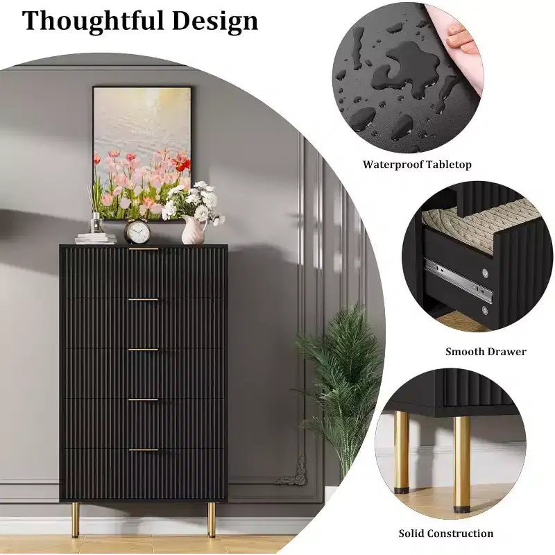 Acekool Commode à 5 Tiroirs, Grande Commode Moderne avec Panneaux Cannelés, Larges Poignées Dorées, Organisateur de Rangement de Chambre pour Placard, Salon, Entrée