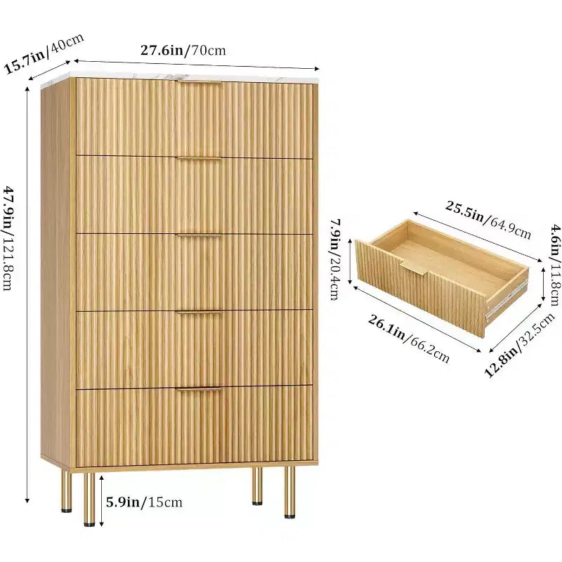 Acekool Commode à 5 Tiroirs, Grande Commode Moderne avec Panneaux Cannelés, Larges Poignées Dorées, Organisateur de Rangement de Chambre pour Placard, Salon, Entrée