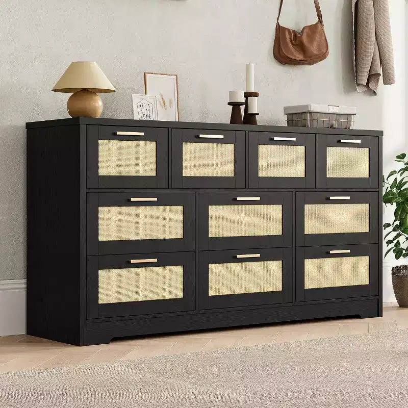 Acekool Commode à 10 Tiroirs en Rotin, Grand Meuble de Rangement Moderne de Style Ferme de 150 cm de Large avec Anti-Basculement pour Chambre, Salon, Entrée, Couloir