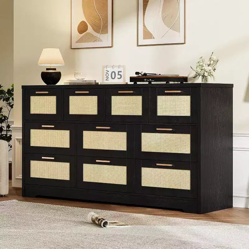 Acekool Commode à 10 Tiroirs en Rotin, Grand Meuble de Rangement Moderne de Style Ferme de 150 cm de Large avec Anti-Basculement pour Chambre, Salon, Entrée, Couloir