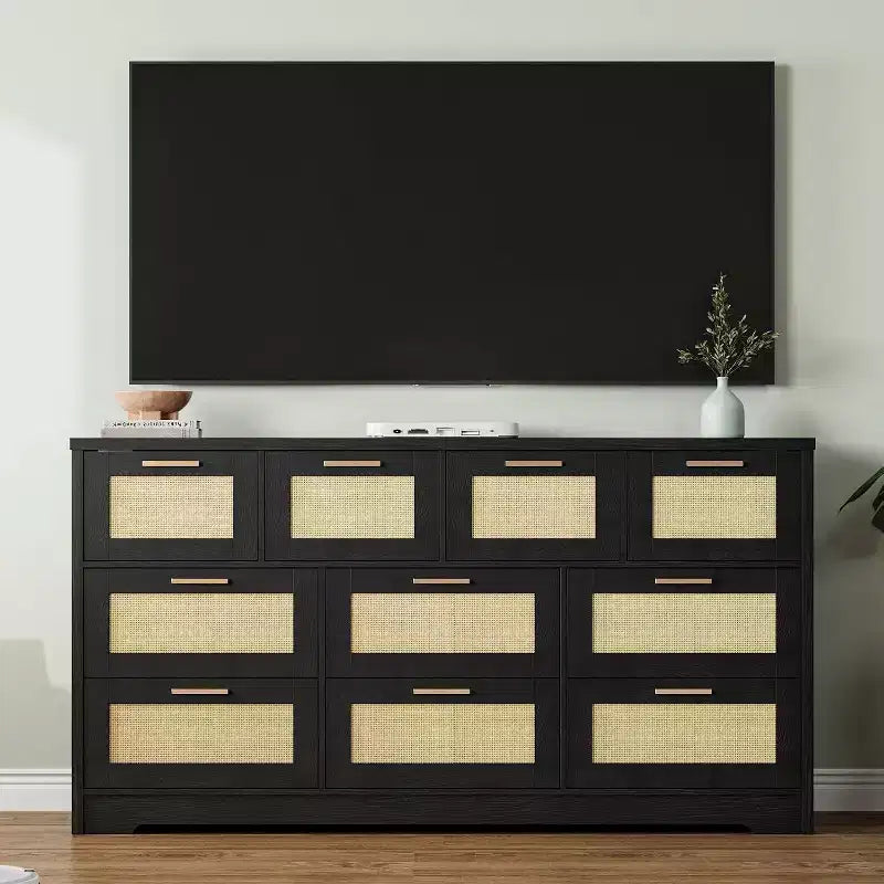 Acekool Commode à 10 Tiroirs en Rotin, Grand Meuble de Rangement Moderne de Style Ferme de 150 cm de Large avec Anti-Basculement pour Chambre, Salon, Entrée, Couloir