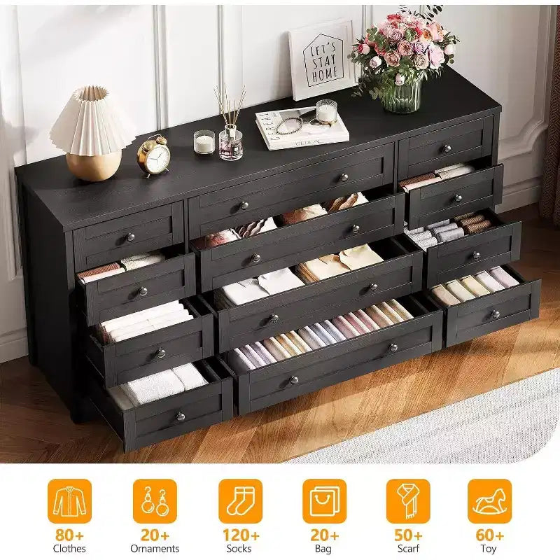 Commode Acekool à 12 tiroirs, grande commode moderne pour chambre à coucher, meuble TV pour téléviseur de 65 pouces, meuble de rangement en bois pour salon, couloir