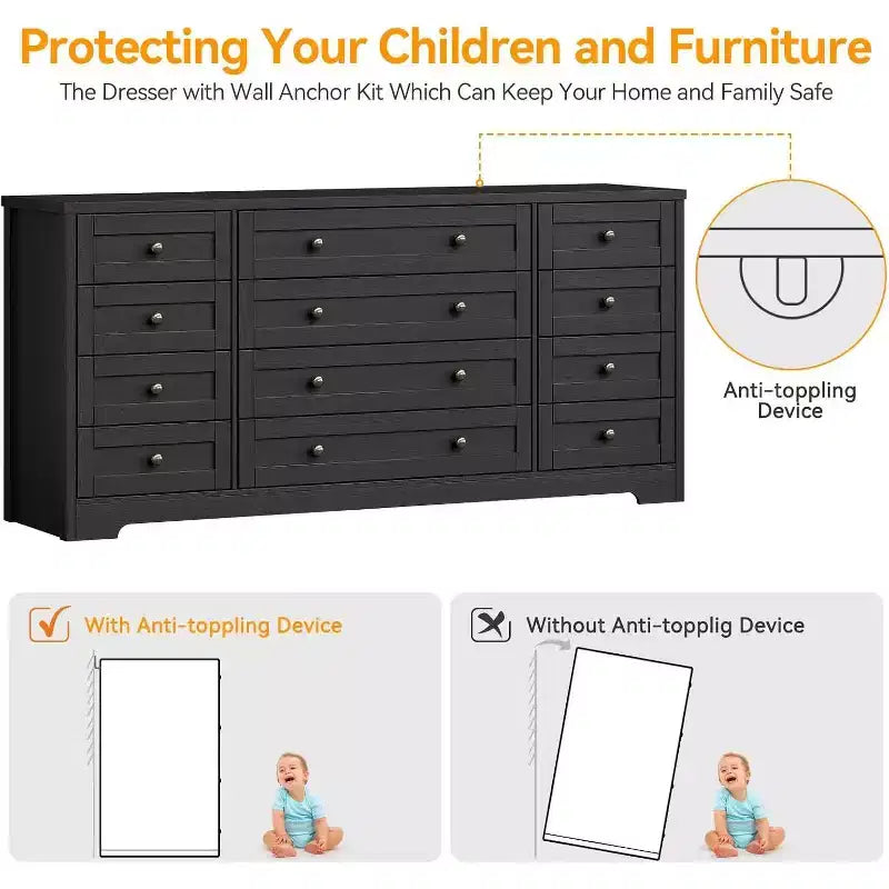 Commode Acekool à 12 tiroirs, grande commode moderne pour chambre à coucher, meuble TV pour téléviseur de 65 pouces, meuble de rangement en bois pour salon, couloir