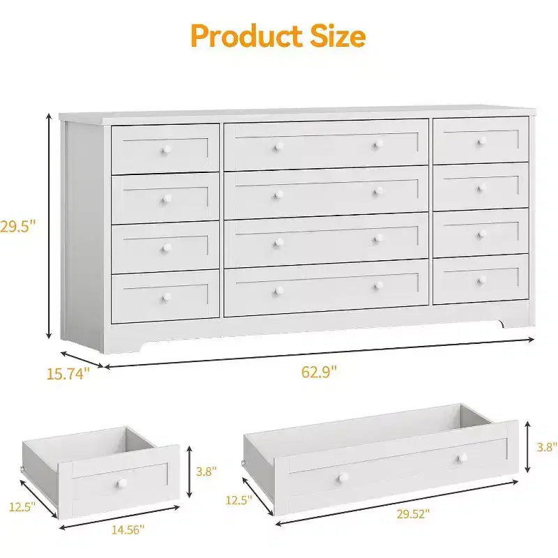 Commode Acekool à 12 tiroirs, grande commode moderne pour chambre à coucher, meuble TV pour téléviseur de 65 pouces, meuble de rangement en bois pour salon, couloir