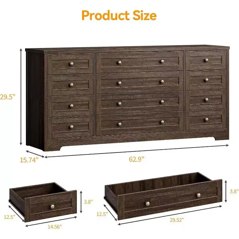 Commode Acekool à 12 tiroirs, grande commode moderne pour chambre à coucher, meuble TV pour téléviseur de 65 pouces, meuble de rangement en bois pour salon, couloir
