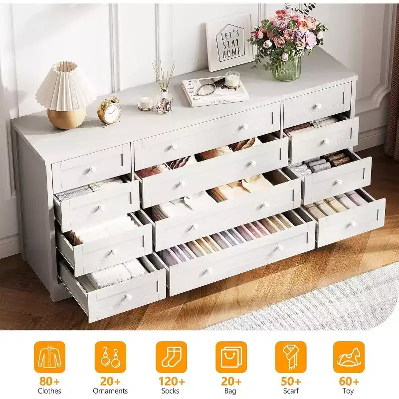 Commode Acekool à 12 tiroirs, grande commode moderne pour chambre à coucher, meuble TV pour téléviseur de 65 pouces, meuble de rangement en bois pour salon, couloir