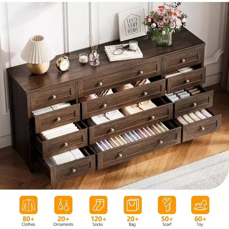 Commode Acekool à 12 tiroirs, grande commode moderne pour chambre à coucher, meuble TV pour téléviseur de 65 pouces, meuble de rangement en bois pour salon, couloir