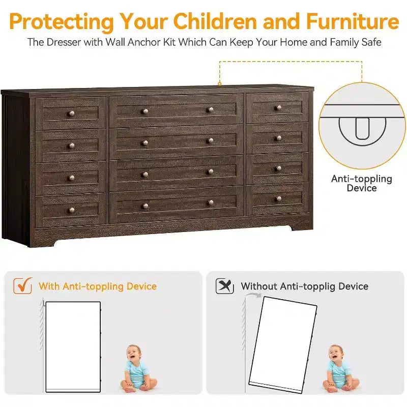 Commode Acekool à 12 tiroirs, grande commode moderne pour chambre à coucher, meuble TV pour téléviseur de 65 pouces, meuble de rangement en bois pour salon, couloir