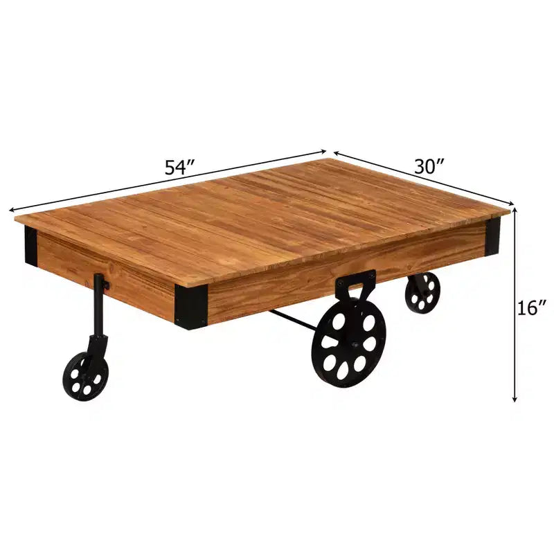 Table basse industrielle rustique Vintiquewise en bois, de grande taille, avec grain de bois détaillé, accents métalliques et roues de chariot en fonte noire