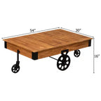 Table basse industrielle rustique Vintiquewise en bois, de grande taille, avec grain de bois détaillé, accents métalliques et roues de chariot en fonte noire
