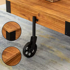 Table basse industrielle rustique Vintiquewise en bois, de grande taille, avec grain de bois détaillé, accents métalliques et roues de chariot en fonte noire