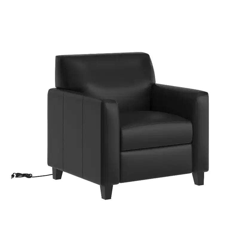 Fauteuil de réception Flash Furniture Agent en similicuir noir avec borne de recharge latérale droite, comprenant 2 prises, 2 ports USB, 1 port USB-C, pieds en bois massif