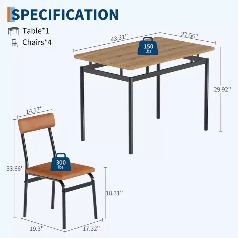 Ensemble de salle à manger 5 pièces, avec 4 chaises rembourrées en PU