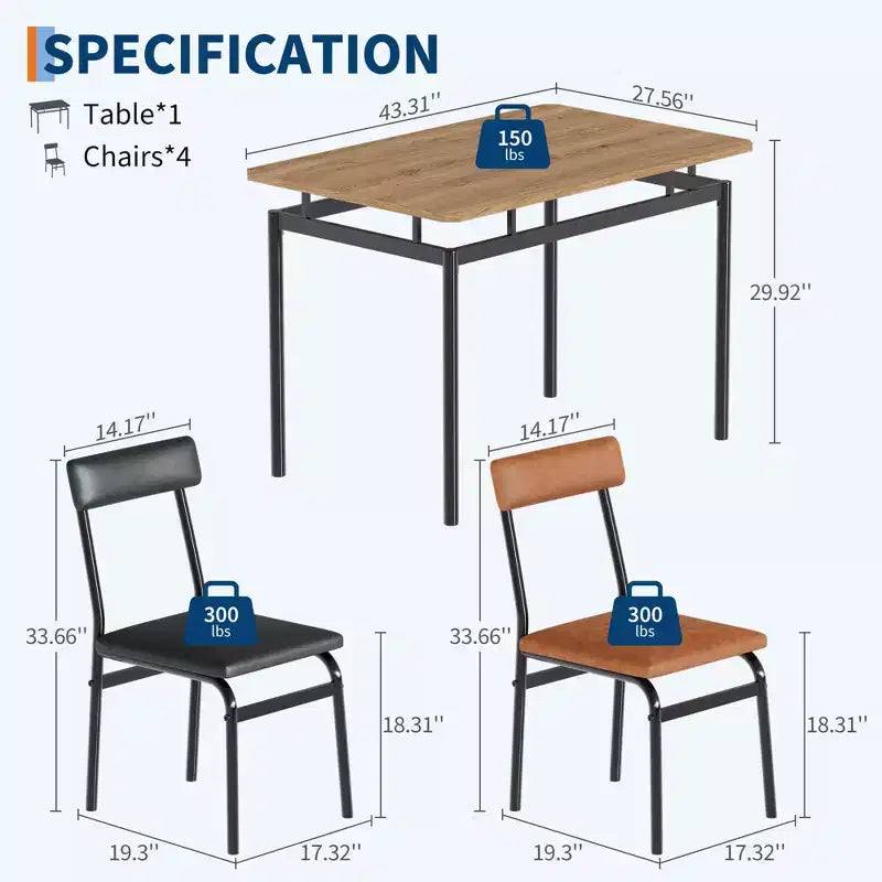 Ensemble de salle à manger 5 pièces, avec 4 chaises rembourrées en PU