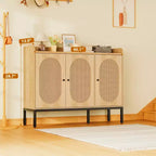 Meuble à chaussures avec 3 portes en rotin, organisateur de rangement de chaussures autoportant avec étagères réglables, armoire à chaussures à 7 niveaux pour entrée, couloir, placard