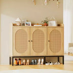 Meuble à chaussures avec 3 portes en rotin, organisateur de rangement de chaussures autoportant avec étagères réglables, armoire à chaussures à 7 niveaux pour entrée, couloir, placard
