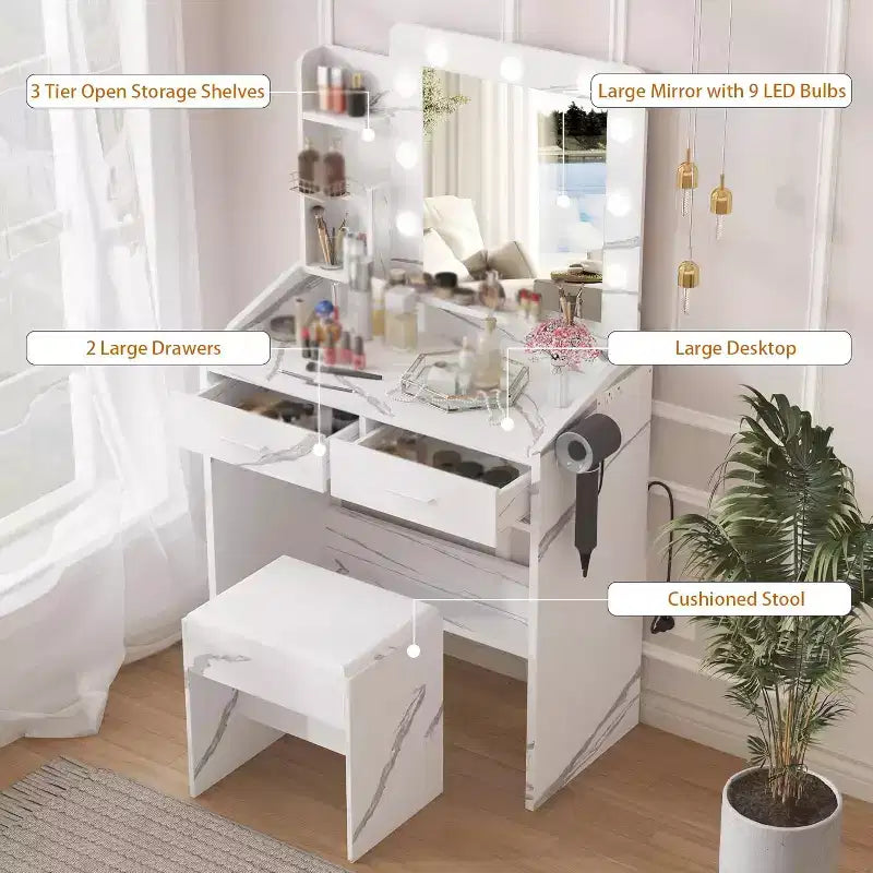 Coiffeuse avec miroir, tabouret et lumières 3 couleurs, Table de maquillage avec prise de courant, Coiffeuse avec support pour sèche-cheveux pour chambre à coucher