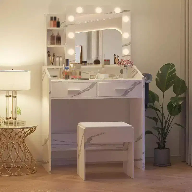 Coiffeuse avec miroir, tabouret et lumières 3 couleurs, Table de maquillage avec prise de courant, Coiffeuse avec support pour sèche-cheveux pour chambre à coucher
