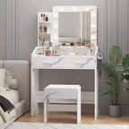 Coiffeuse avec miroir, tabouret et lumières 3 couleurs, Table de maquillage avec prise de courant, Coiffeuse avec support pour sèche-cheveux pour chambre à coucher