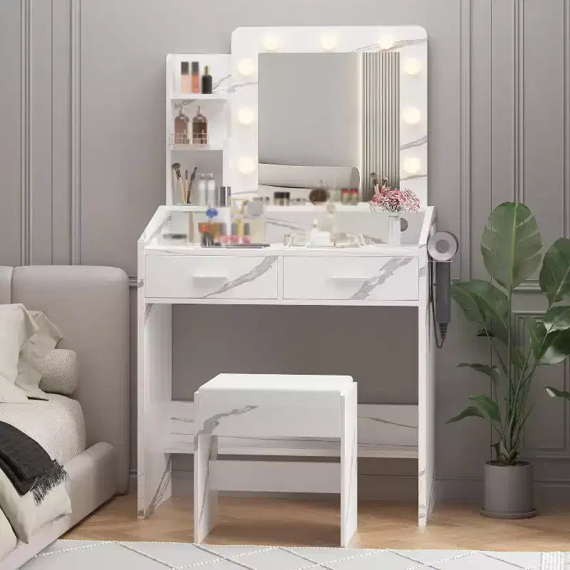 Coiffeuse avec miroir, tabouret et lumières 3 couleurs, Table de maquillage avec prise de courant, Coiffeuse avec support pour sèche-cheveux pour chambre à coucher