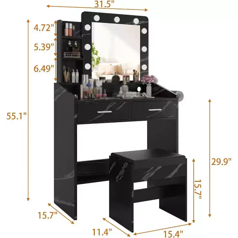 Coiffeuse avec miroir, tabouret et lumières 3 couleurs, Table de maquillage avec prise de courant, Coiffeuse avec support pour sèche-cheveux pour chambre à coucher