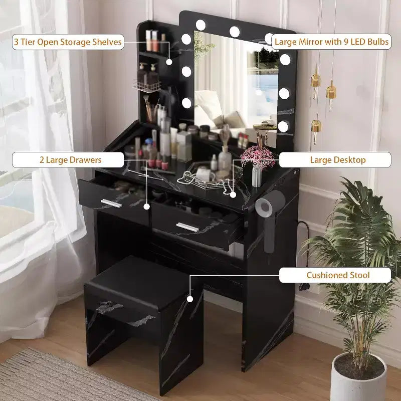 Coiffeuse avec miroir, tabouret et lumières 3 couleurs, Table de maquillage avec prise de courant, Coiffeuse avec support pour sèche-cheveux pour chambre à coucher