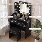 Coiffeuse avec miroir, tabouret et lumières 3 couleurs, Table de maquillage avec prise de courant, Coiffeuse avec support pour sèche-cheveux pour chambre à coucher