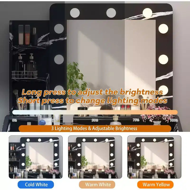 Coiffeuse avec miroir, tabouret et lumières 3 couleurs, Table de maquillage avec prise de courant, Coiffeuse avec support pour sèche-cheveux pour chambre à coucher