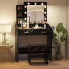 Coiffeuse avec miroir, tabouret et lumières 3 couleurs, Table de maquillage avec prise de courant, Coiffeuse avec support pour sèche-cheveux pour chambre à coucher